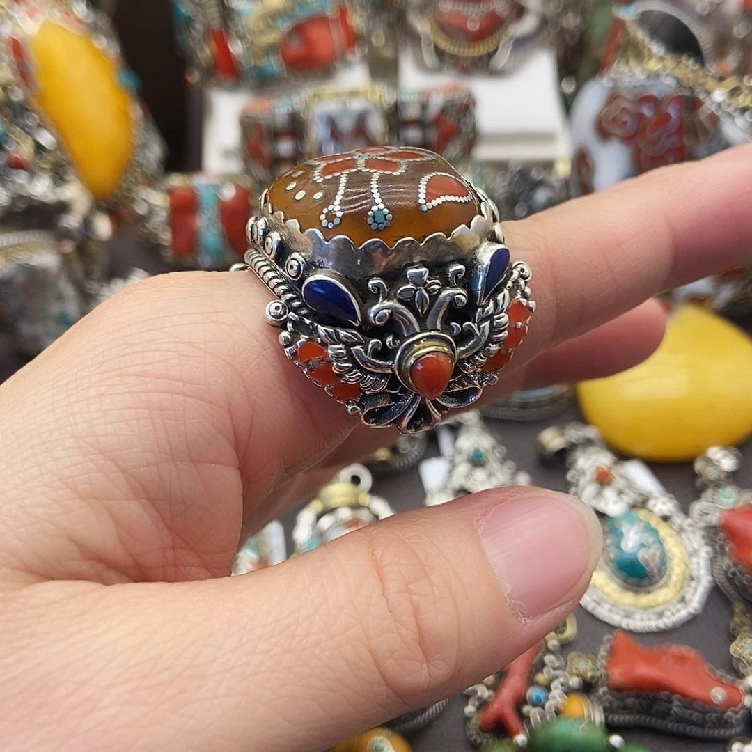 蜜蜡银S925镶嵌戒指坤尼泊尔手工制作