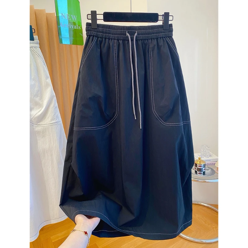 黑色明线工装半身裙女夏季2025新款宽松高腰气质过膝中长款裙子