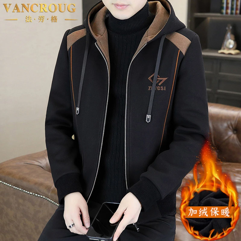 VANCROUG/法劳格夹克男士秋冬连帽韩版高端加绒加厚保暖毛呢外套