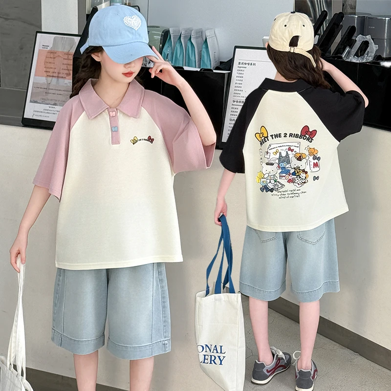 女童POLO衫短袖牛仔中裤套2025新款6-12岁潮酷中大童时尚洋气休闲