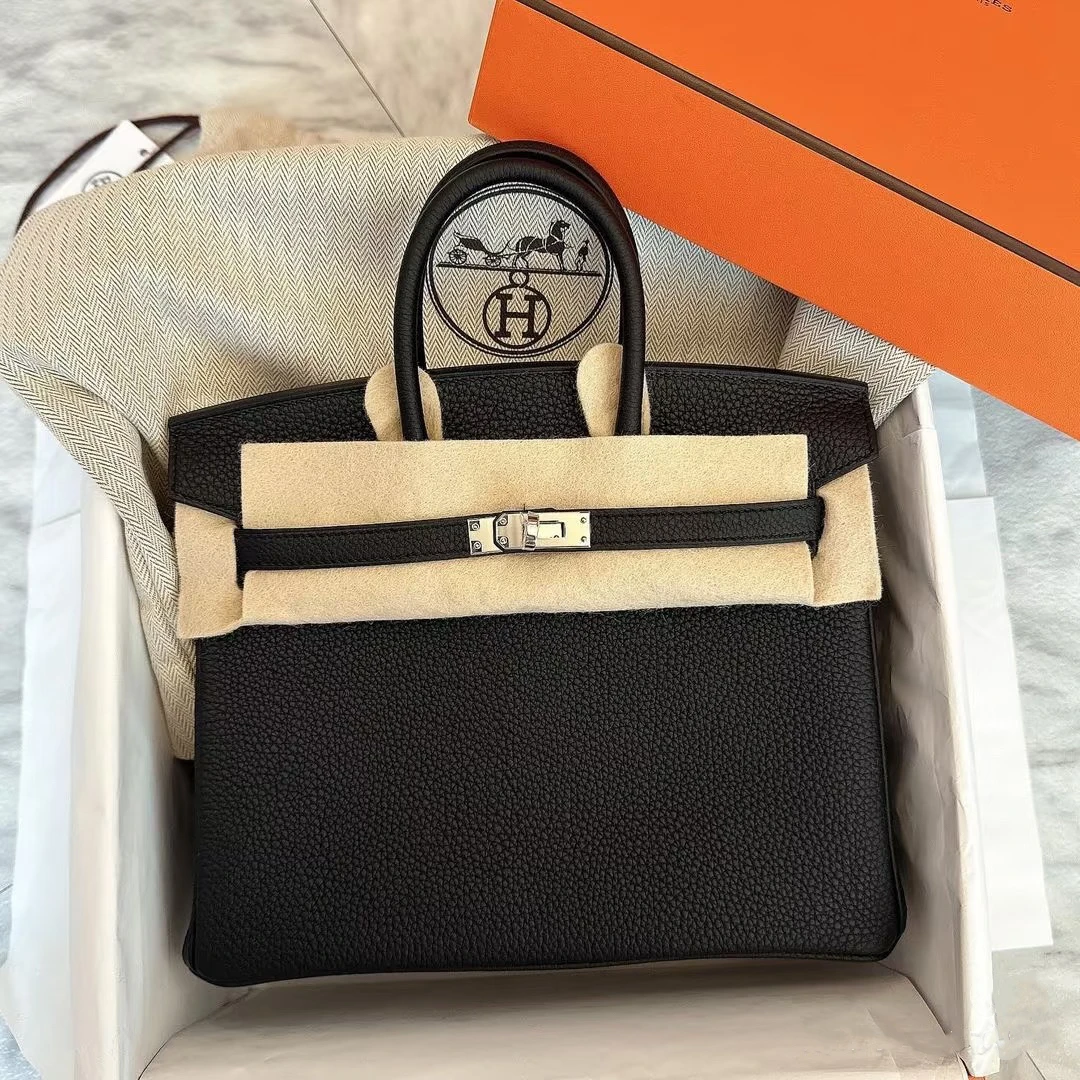 99新 Hermes/爱马仕 蔚蓝/黑银 Birkin 25 内缝togo皮 D刻