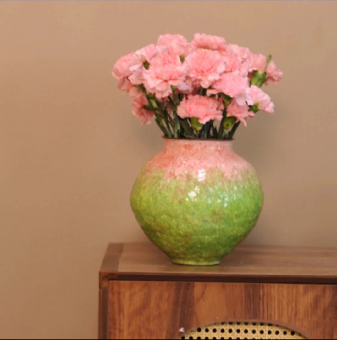 景德镇手工艺术感花瓶（粉绿月亮瓶高22cm，口径11cm）