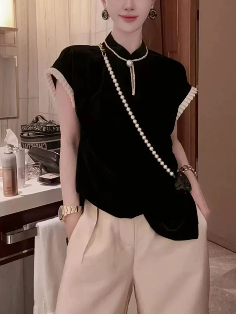 新中式休闲风气质T恤小众修身显瘦复古网红时尚水洗丝绒上衣3388