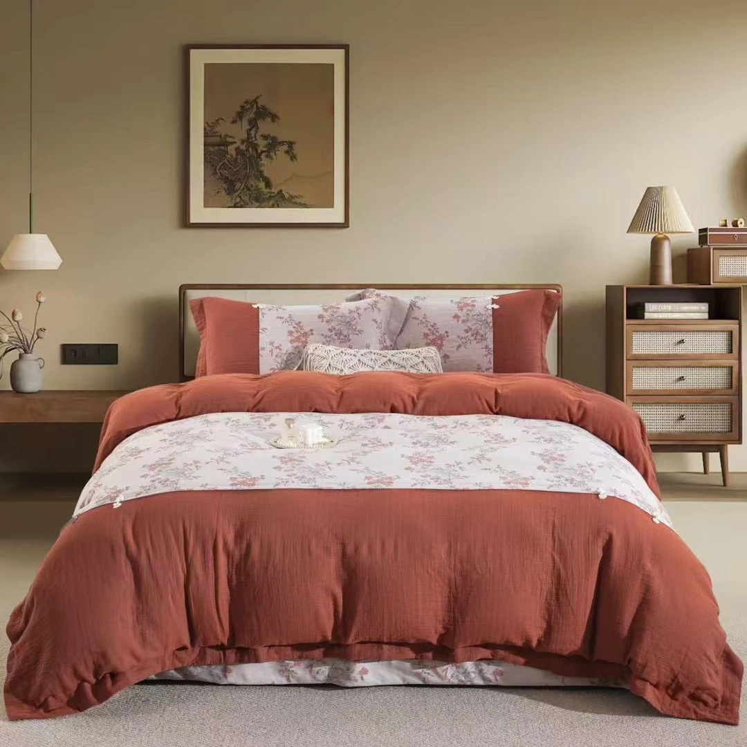 双层纱四件套新中式【知秋）被套婚庆轻奢风A类全棉色织母婴级