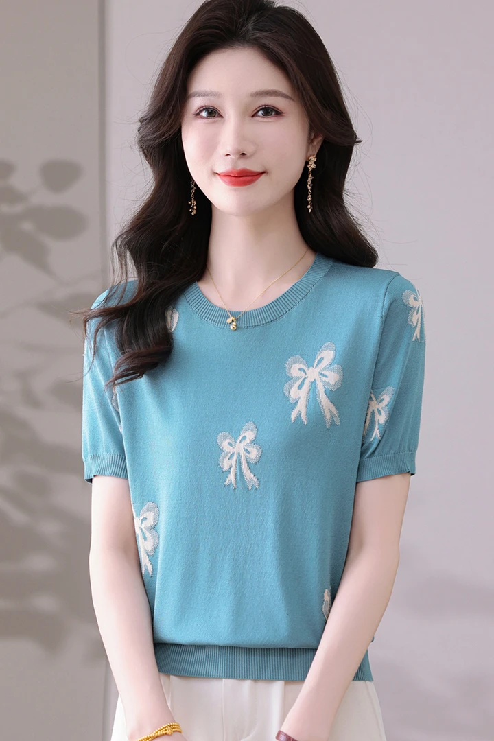 【天丝】夏季新款圆领女士短袖T恤洋气宽松显瘦针织薄款时尚妈妈装