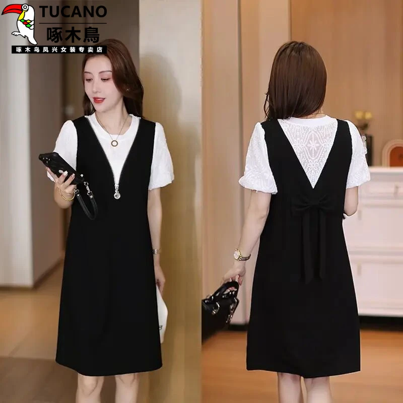 啄木鸟假两件连衣裙泡泡袖中长裙韩版显瘦撞色背带裙气质拼接洋气