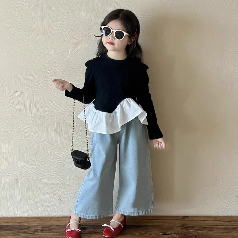 韩系童装女宝宝娃娃衫衬衣2025春季女童荷叶边长袖娃娃领衬衫上衣
