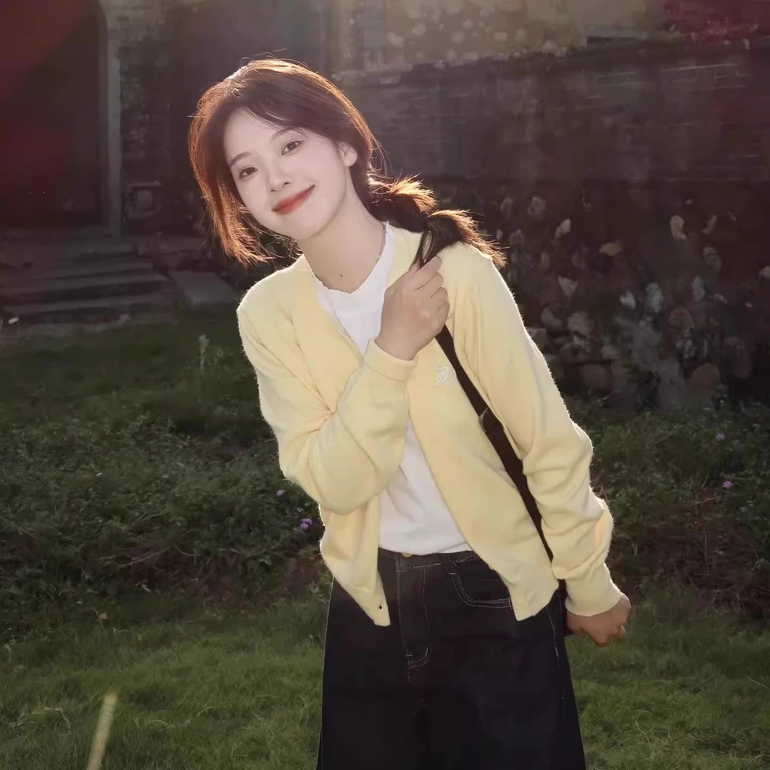 哥弟阿玛施正品春秋新款黄色假两件外套慵懒风针织开衫毛衣女软糯