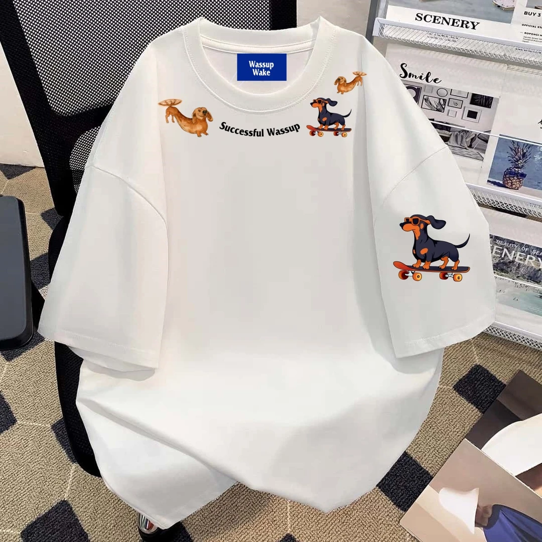 WASSUP WAKE潮牌趣味腊肠狗印花短袖T恤女夏美式纯棉重磅宽松上衣