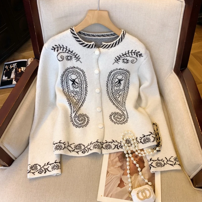 复古提花圆领长袖针织毛衣开衫外套女短款2025新款设计感小众上衣