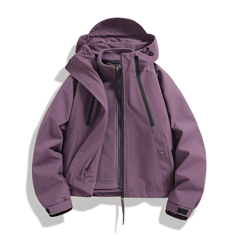 蕉下客户外秋冬女三合一短款连帽户外徒步登山防风防泼水冲锋外套