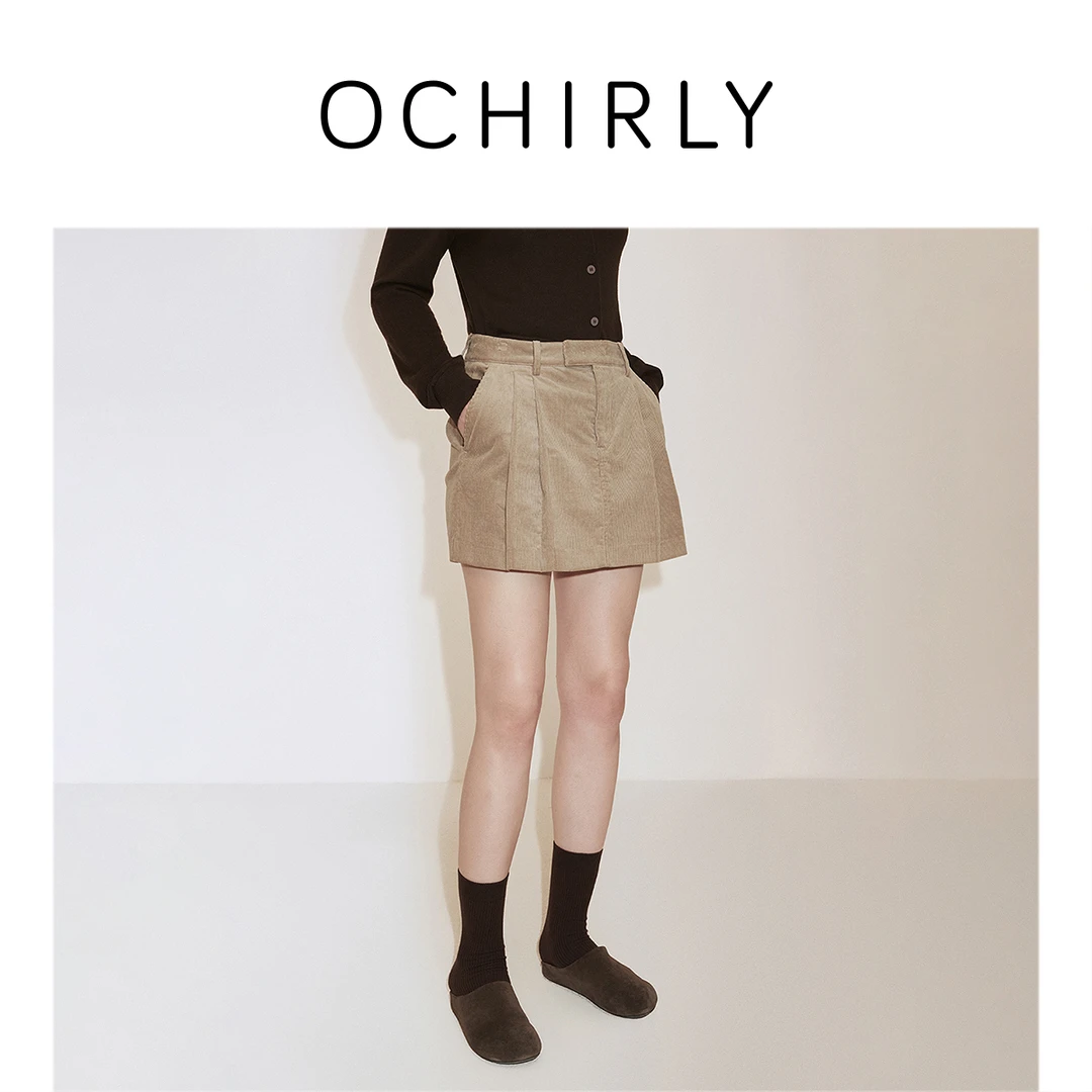 【季末折扣】欧时力 弹力灯芯绒百褶短裙a字半身裙感流行夏季新品