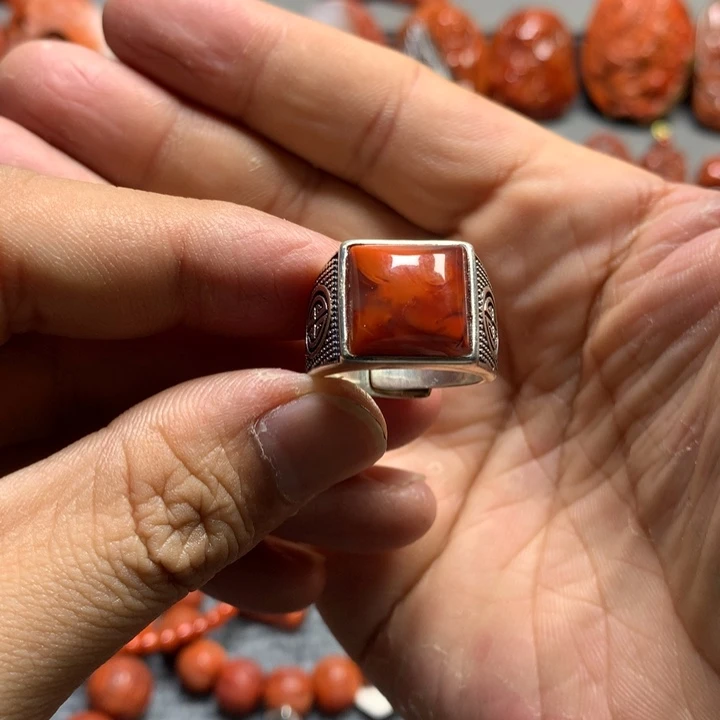 南红玛瑙戒指银S925镶嵌