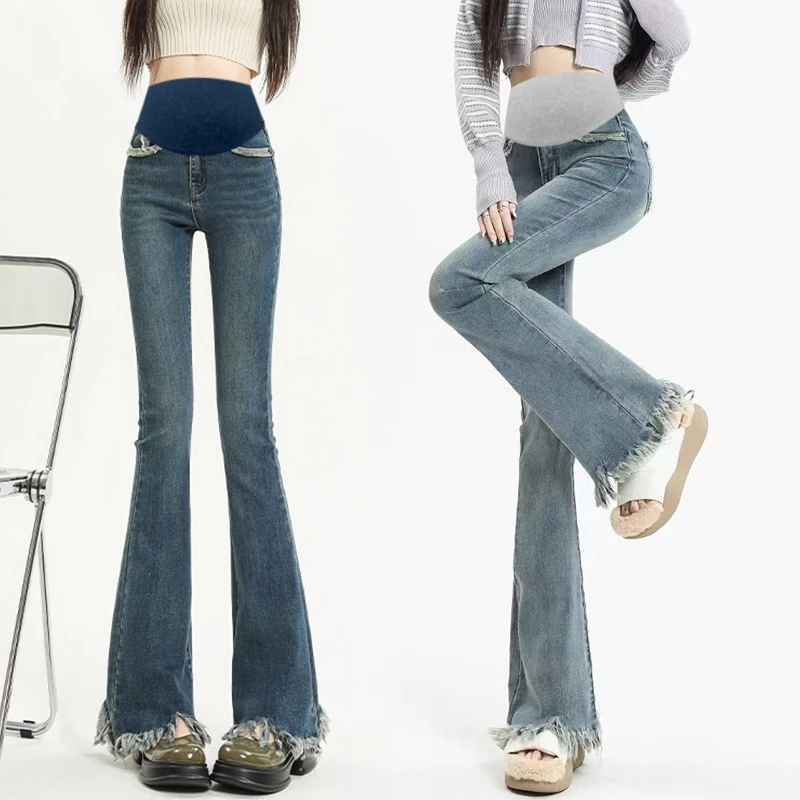 秋装孕妇托腹款高弹力微喇毛边牛仔裤春秋休闲裤牛仔裤外穿