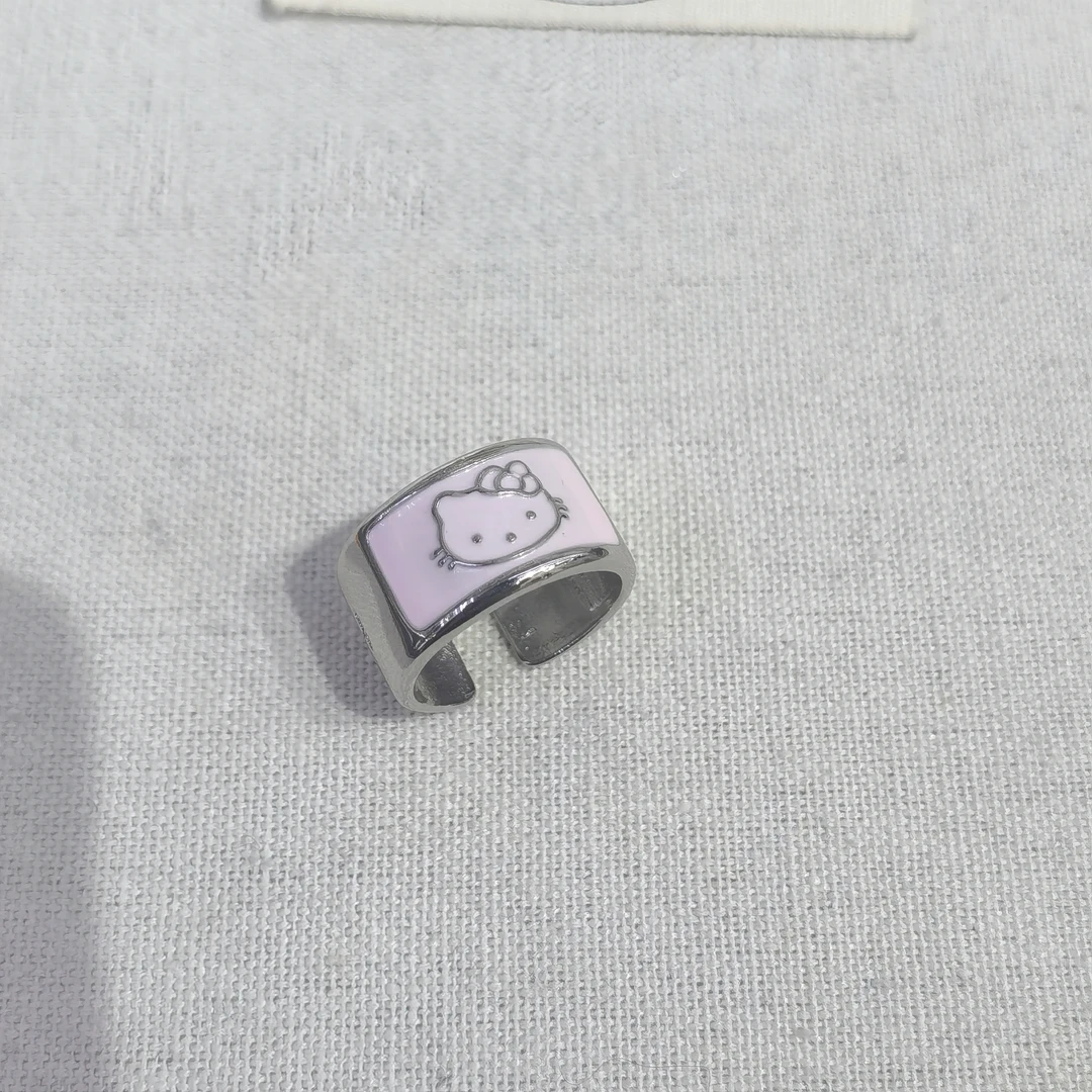 A428粉色KT猫咪宽面戒指