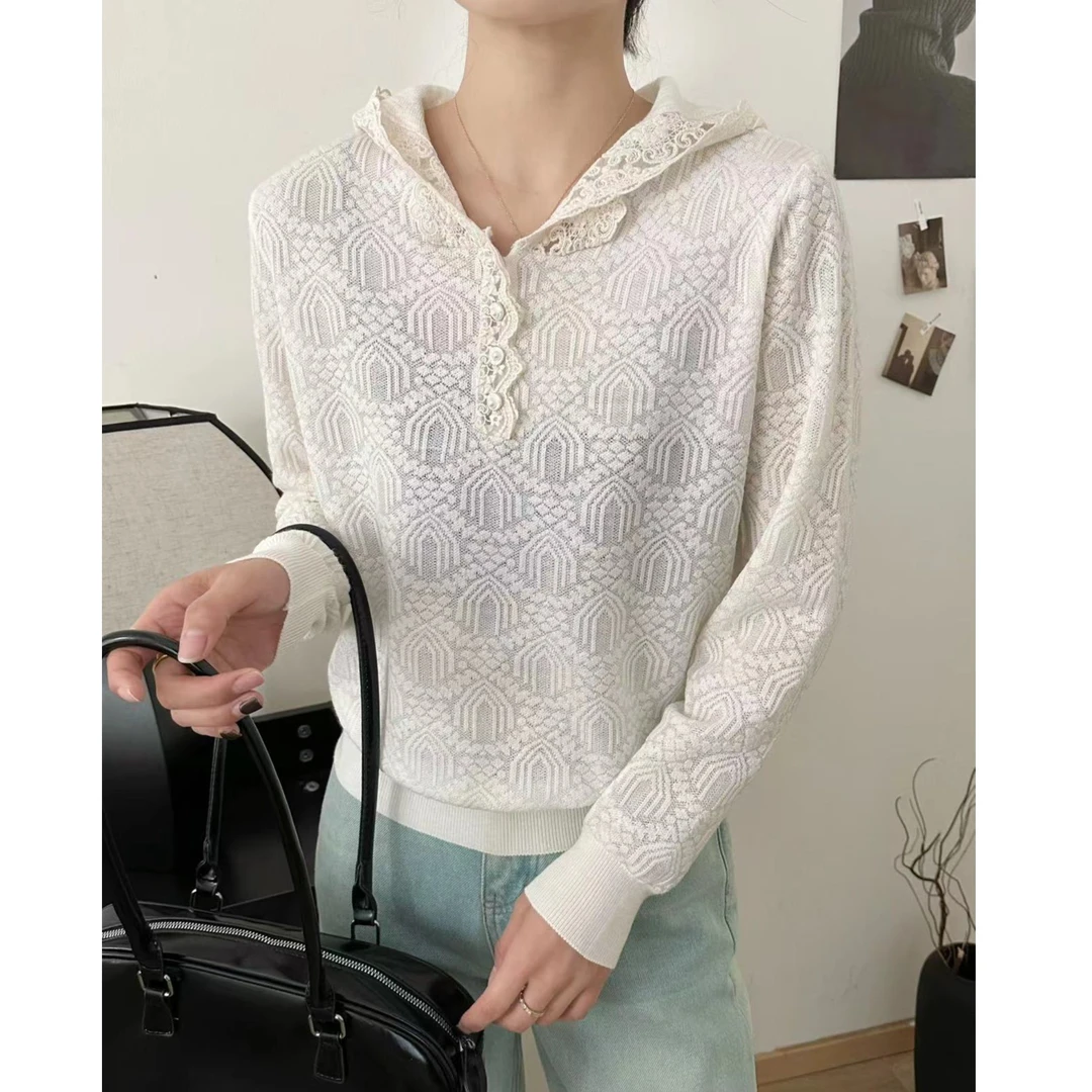 MEIZHENZI【绵羊毛蕾丝帽】钩花镂空连帽针织衫女内搭单穿气质上衣