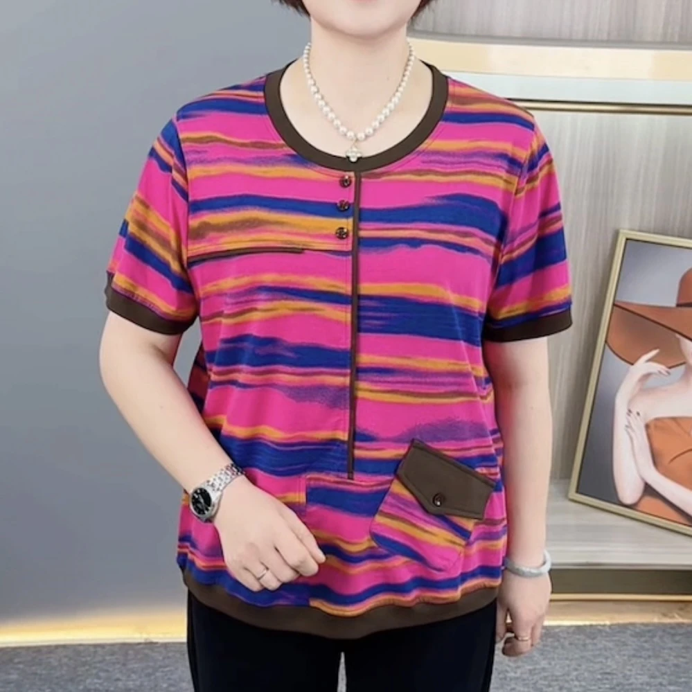 夏季新款时尚圆领口袋拼接设计洋气妈妈装大码宽松短袖上衣H706