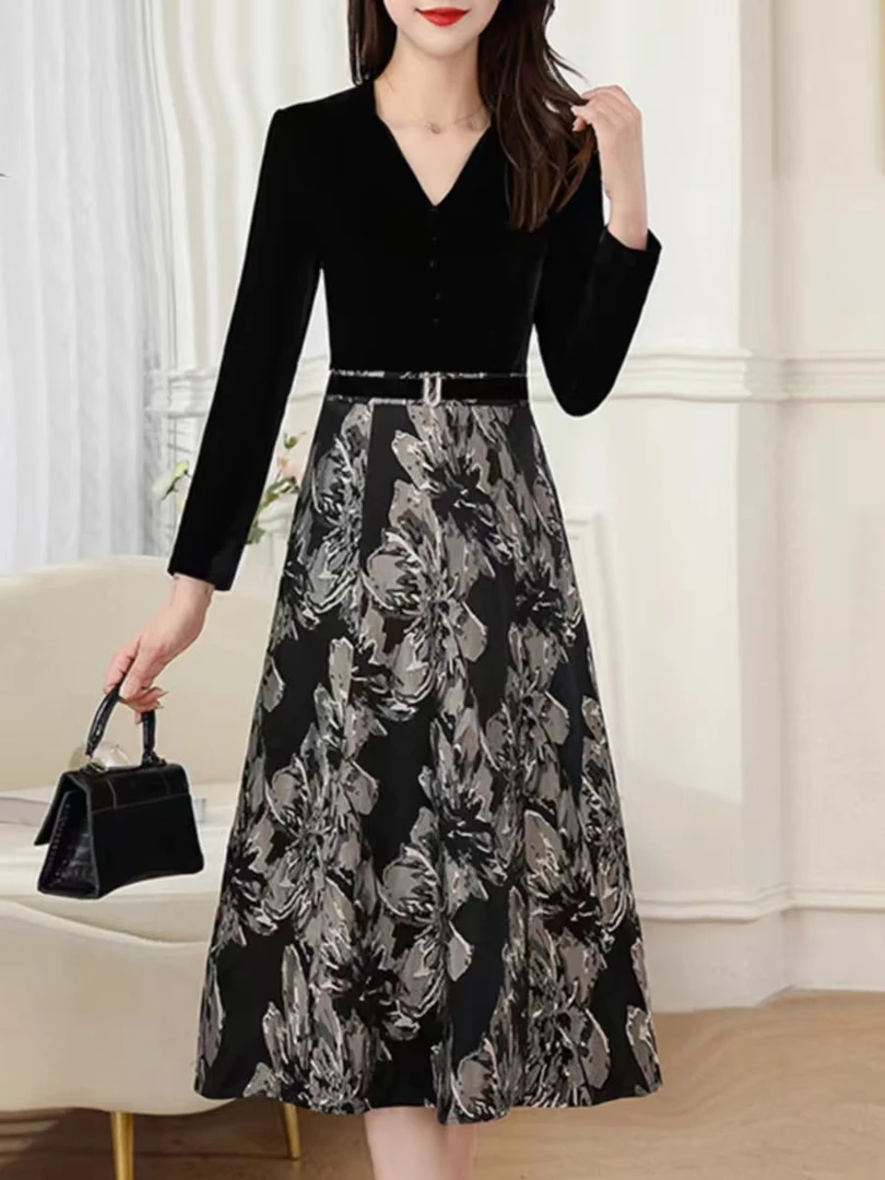 【F1999】春季花色连衣裙女长袖假两件显瘦高腰优雅气质裙