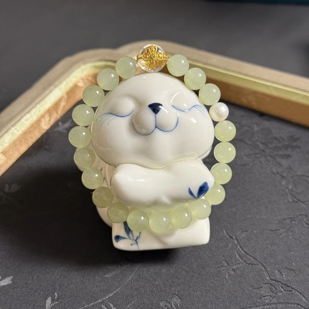 【春绿晚尔】天然和田玉冰晴水猫眼白水晶珍珠手串8mmL802