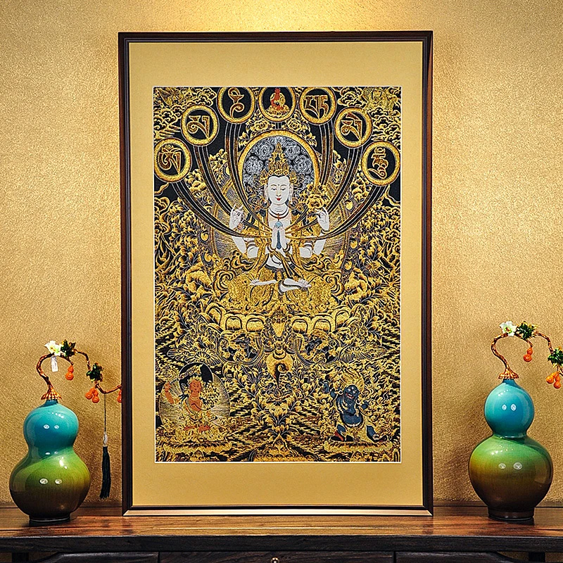 刺绣材质【四臂观音菩萨】挂画实木装裱办公室茶室书房背景墙装饰画