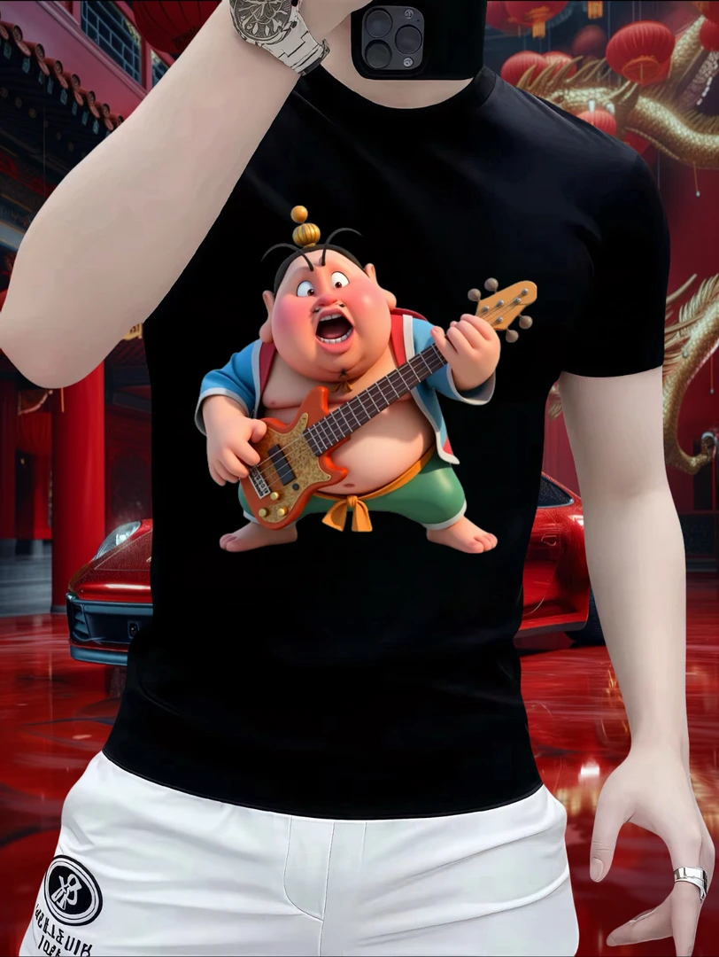 首夕新款重磅短袖个性创意国潮前后哪吒印花弹力国风T恤宽松上衣