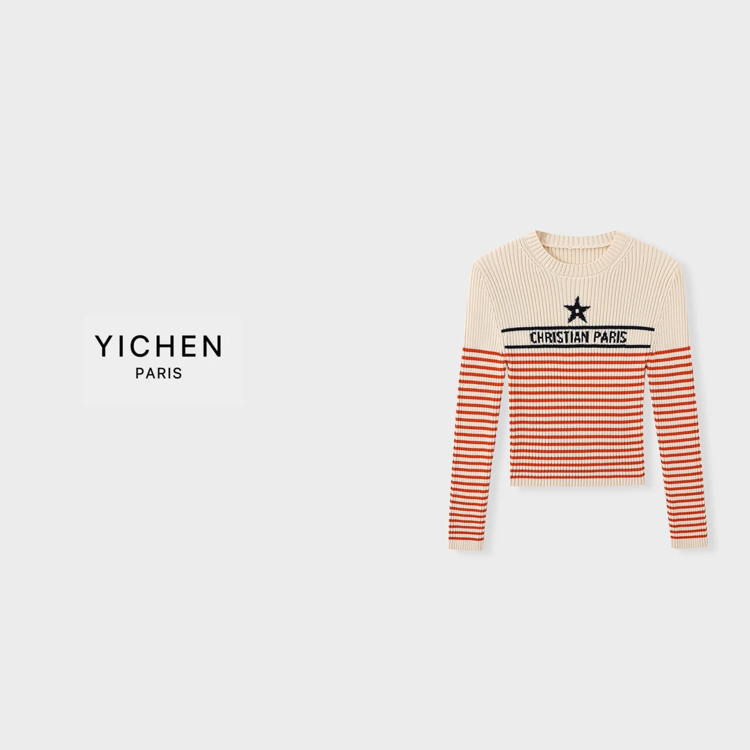 YC 杏红条纹五角星圆领打底衫-6048