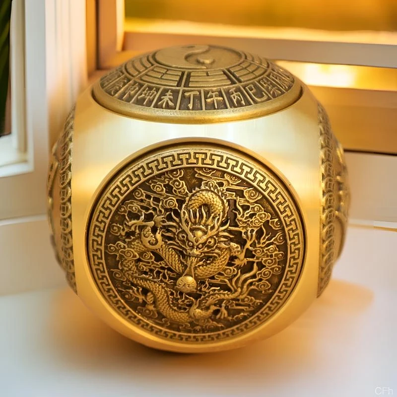 黄铜六面转黄铜圆形六面转龙纹解压魔方手把件转转陀螺文玩复古