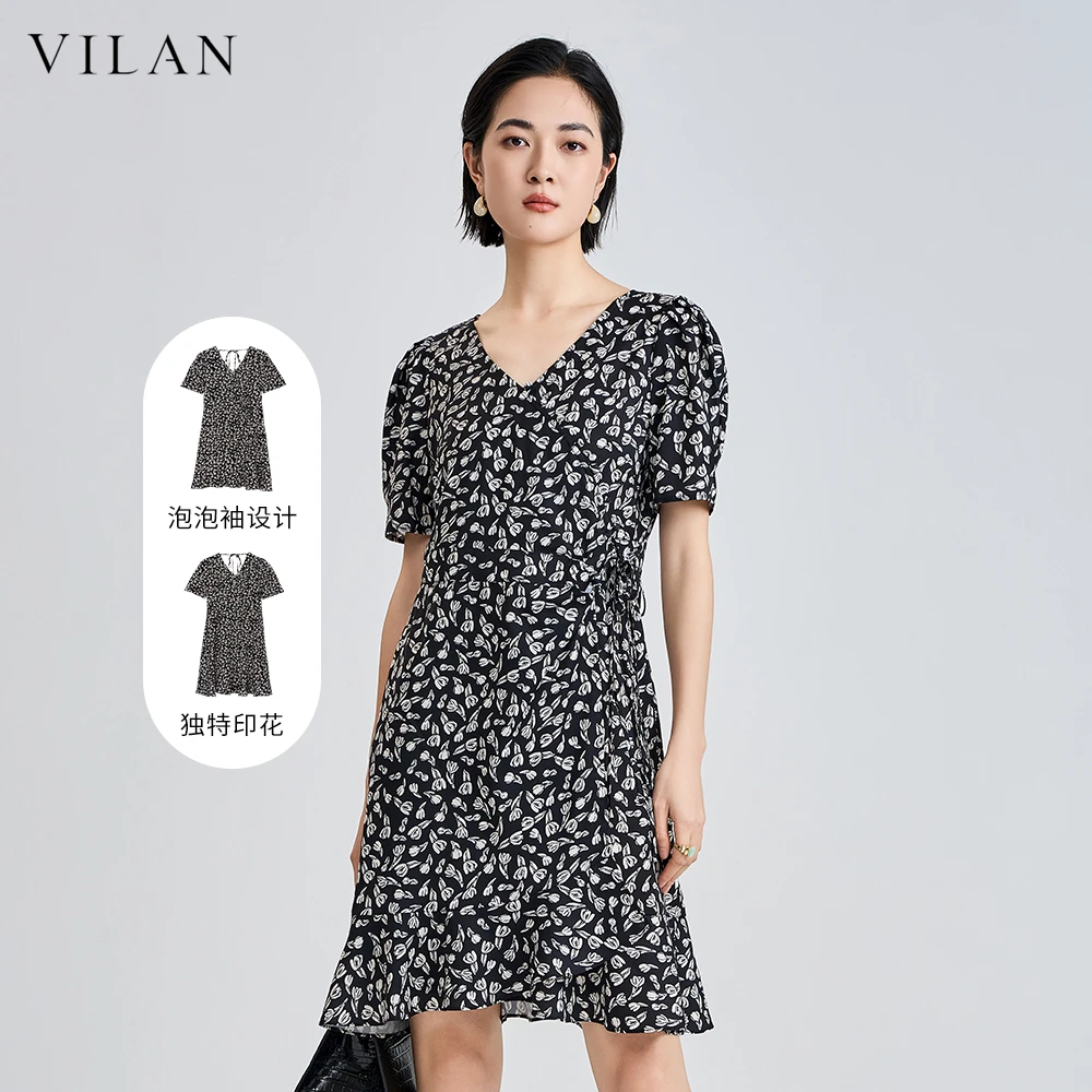 VILAN/慧兰碎花连衣裙2025新款女装夏季茶歇法式V领收腰显瘦裙子