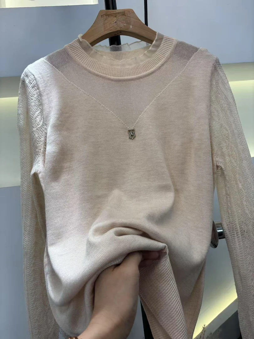 （玉姐家）春秋气质纯色时尚蕾丝洋气镂空精致上衣长袖女百搭f1432