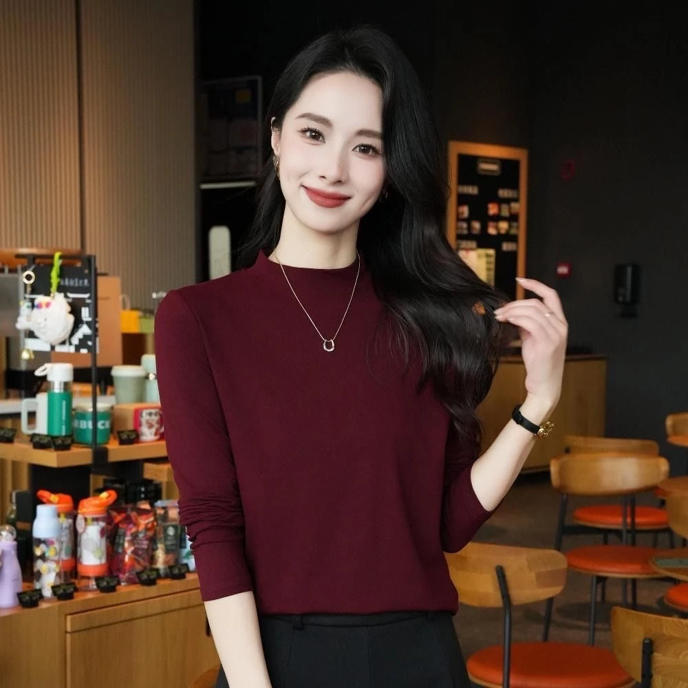 安可拉红新款秋冬半高领洋气女士打底衫修身显瘦长袖T恤女式上衣