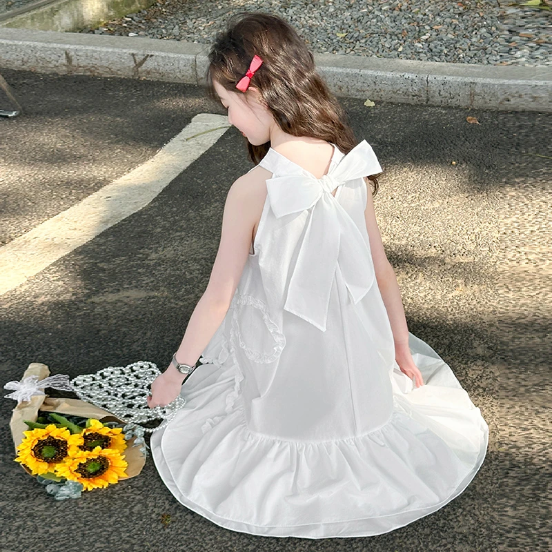 女童连衣裙夏装2025新款洋气纯色挂脖裙森系小女孩甜美夏季公主裙