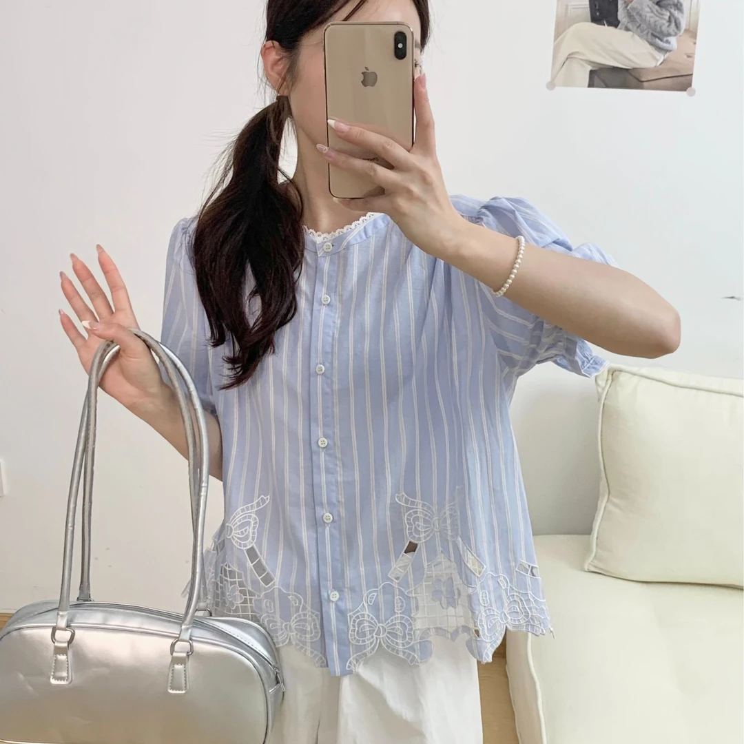 one two重工刺绣设计感精致感打底衫蕾丝夏季褶皱上衣休闲条纹