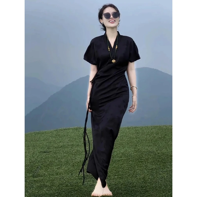 新中式轻国风黑色V领短袖长裙夏季轻奢高级感精致高端休闲连衣裙