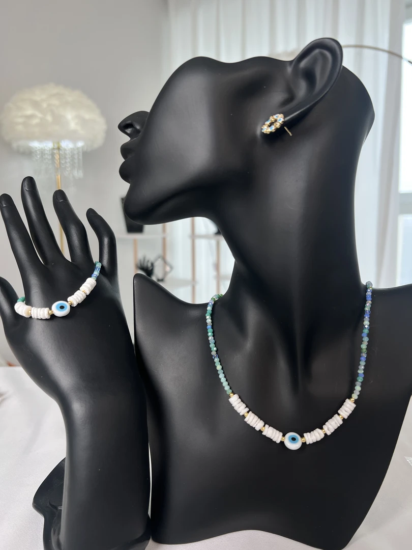 铁合金仿珍珠吊坠 钛钢纯手工贝珠项链蓝眼网红款三件套