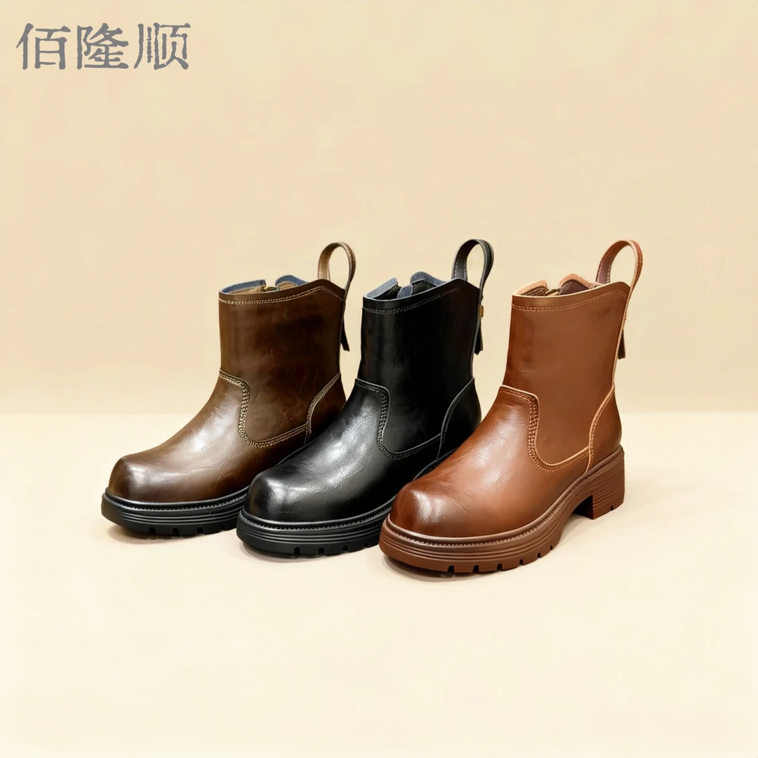 秋冬中筒中跟马丁靴美拉德风靴子时尚圆头牛皮