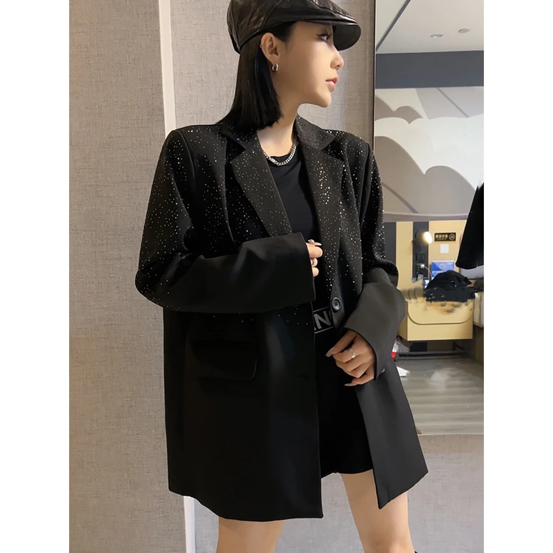 高级感烫钻黑色小西装外套女春秋季宽松休闲时尚气质名媛西服上衣