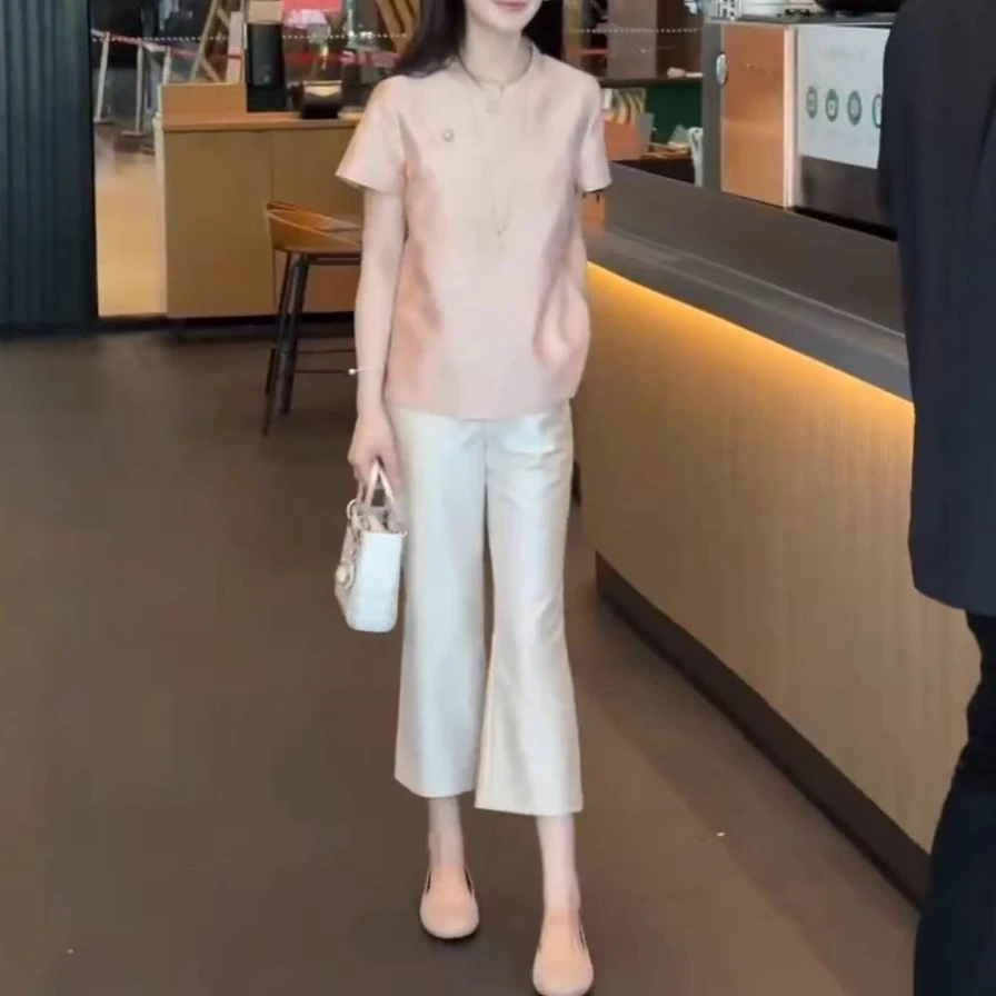 高端粉色中式国风宽松上衣半袖小个子洋气高腰直筒裤女女款短袖