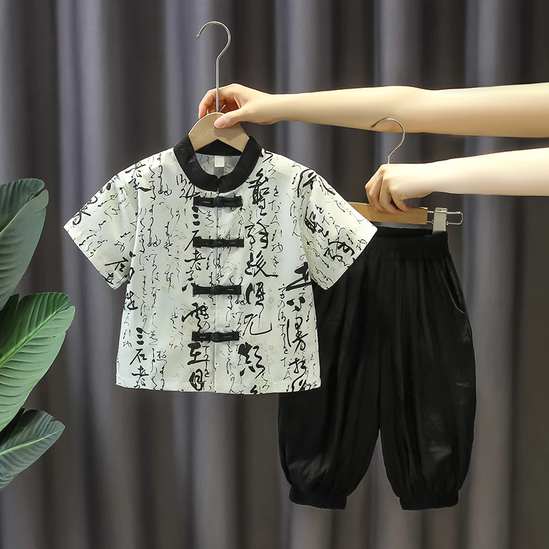 儿童汉服夏款男童新中式国风衬衫两件套宝宝唐装夏季薄款周岁礼服