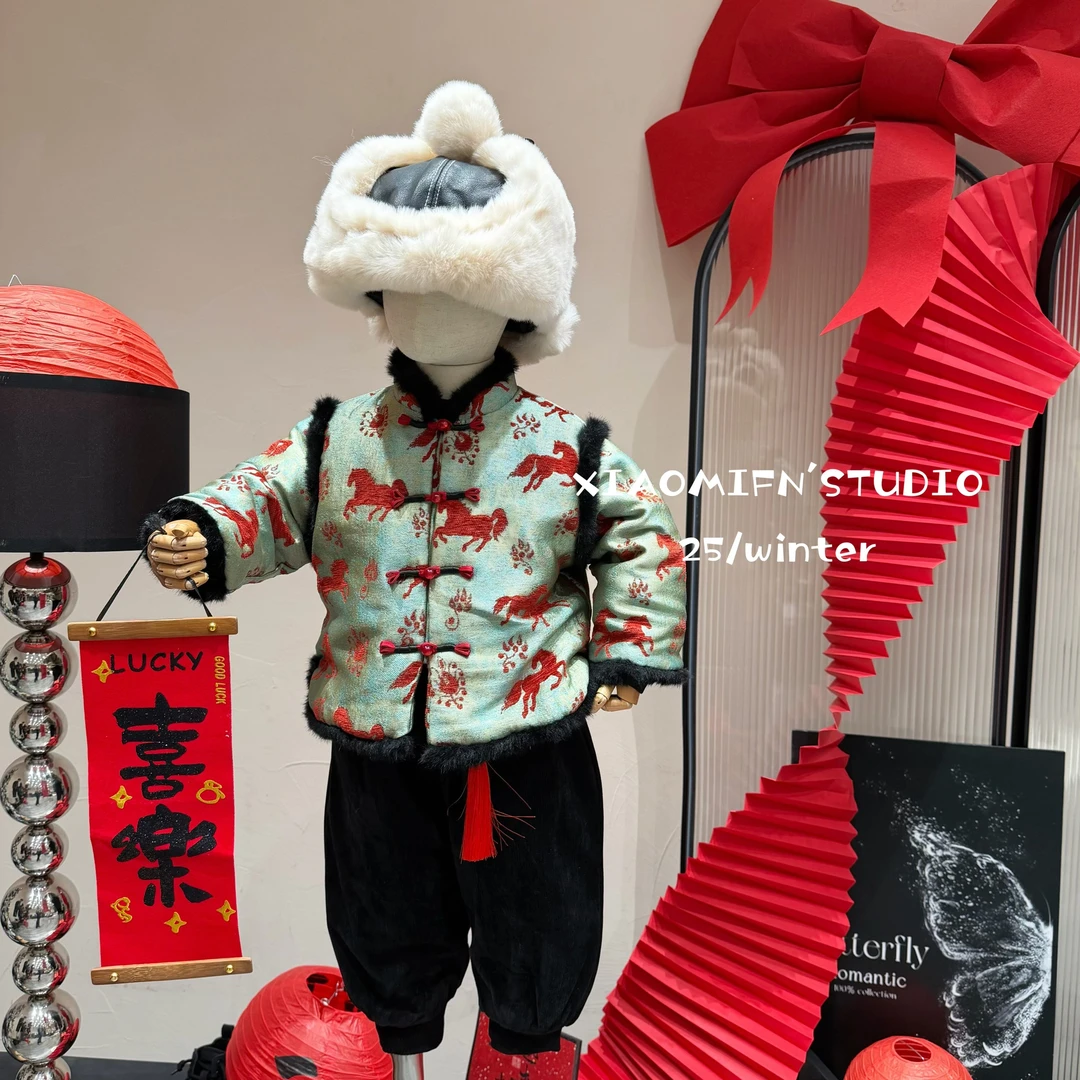 儿童新年套装加厚2025冬季冬拼接外套棉裤套装韩版男童装宝宝5150