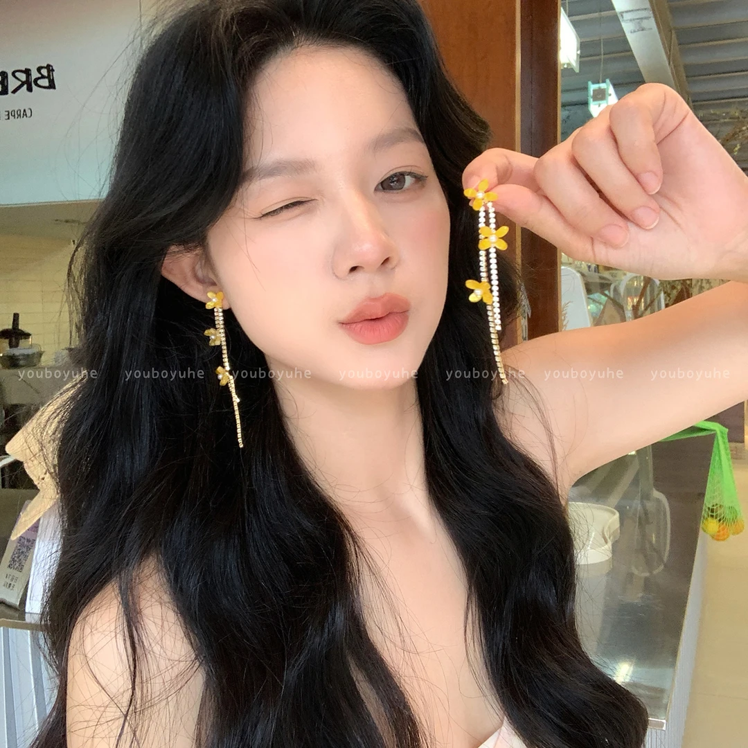 铜合金锆石耳饰 仙气花朵锆石流苏耳钉女2025新款高级感气质耳饰