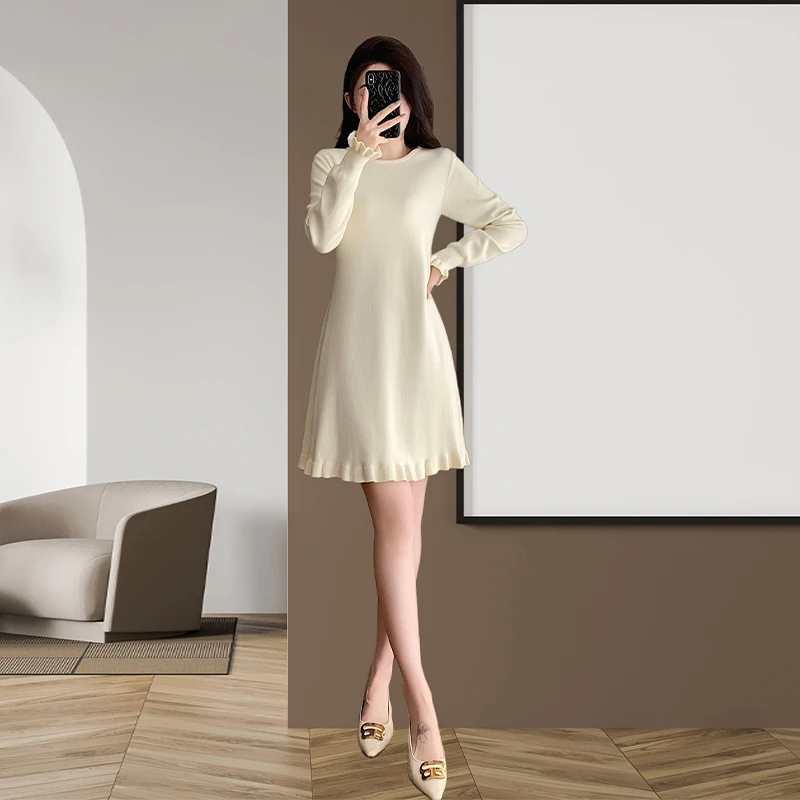 韩系简约百搭针织裙女秋季新款洋气减龄小香风宽松显瘦a字连衣裙