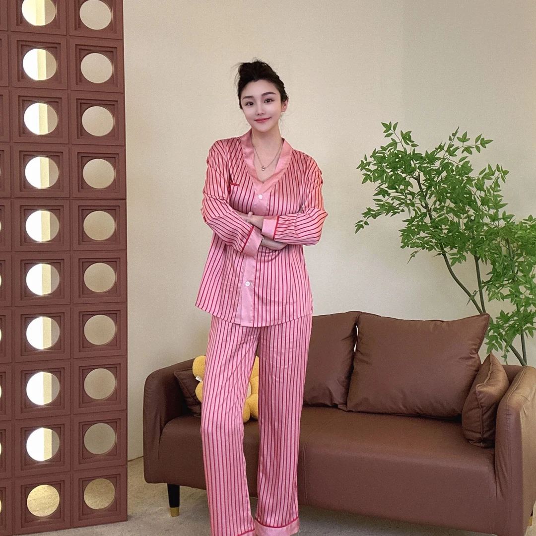 成人秋季V领长袖睡衣家居服套装夏季宽松条纹港风