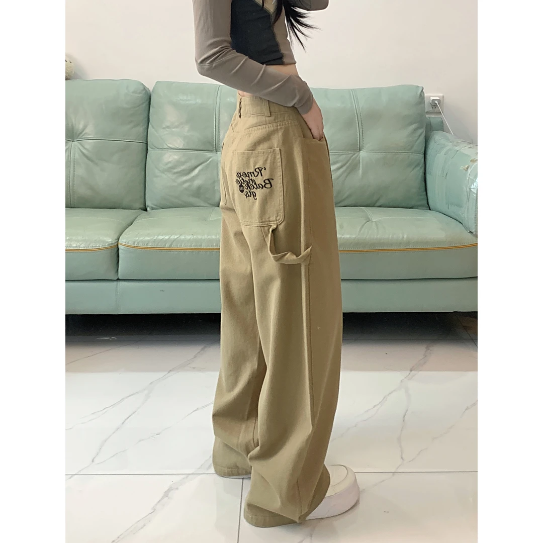 美式街头口袋刺绣裤女2025春季宽松休闲裤慵懒阔腿裤百搭直筒裤潮