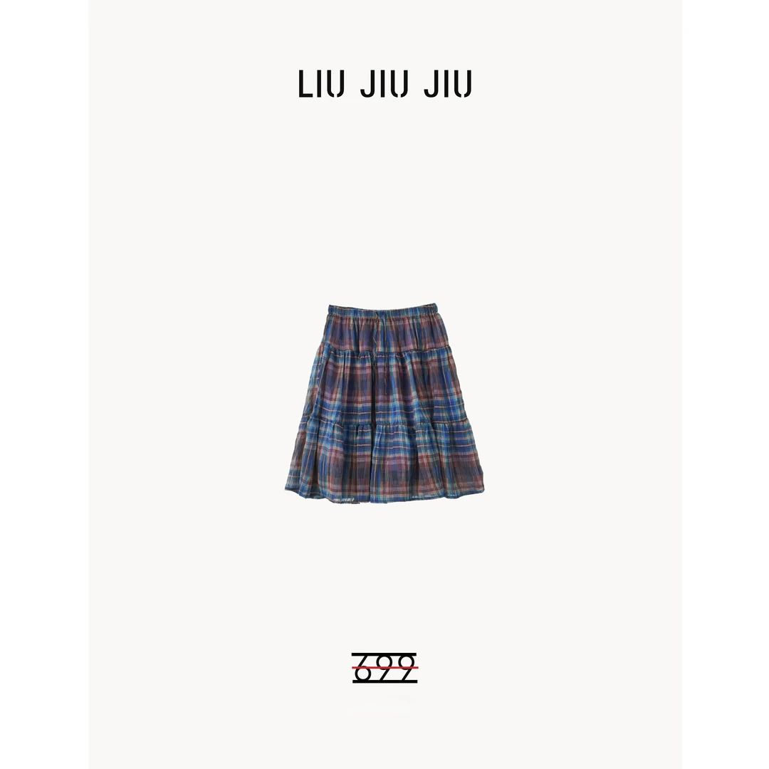 LIUJIUJIU 韩系压褶中古裙夏季学院风格纹复古时尚半身裙BQ8094N