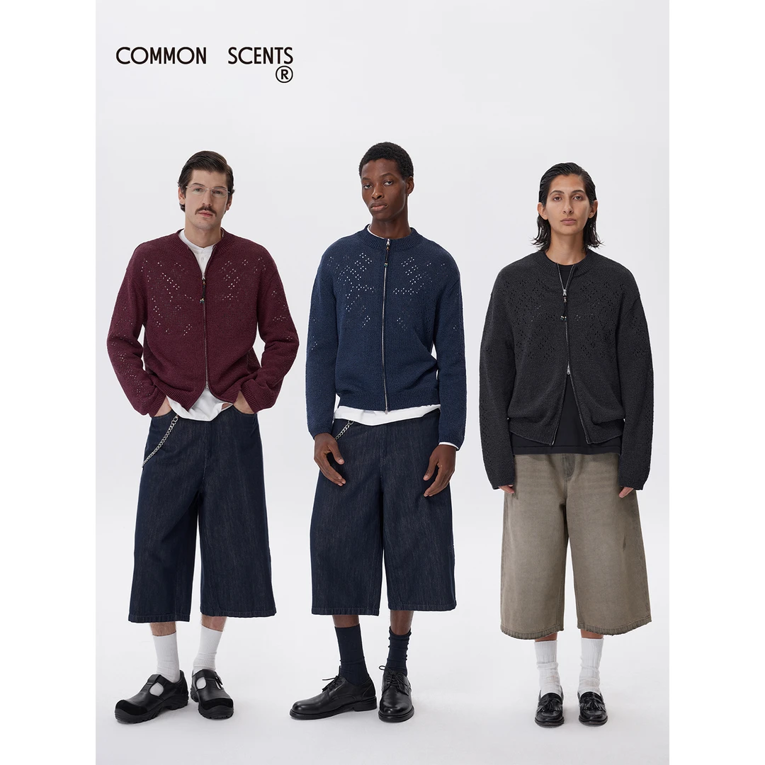 COMMON SCENTS日本和纸纱线挑孔纹样串珠拉链长袖针织开衫