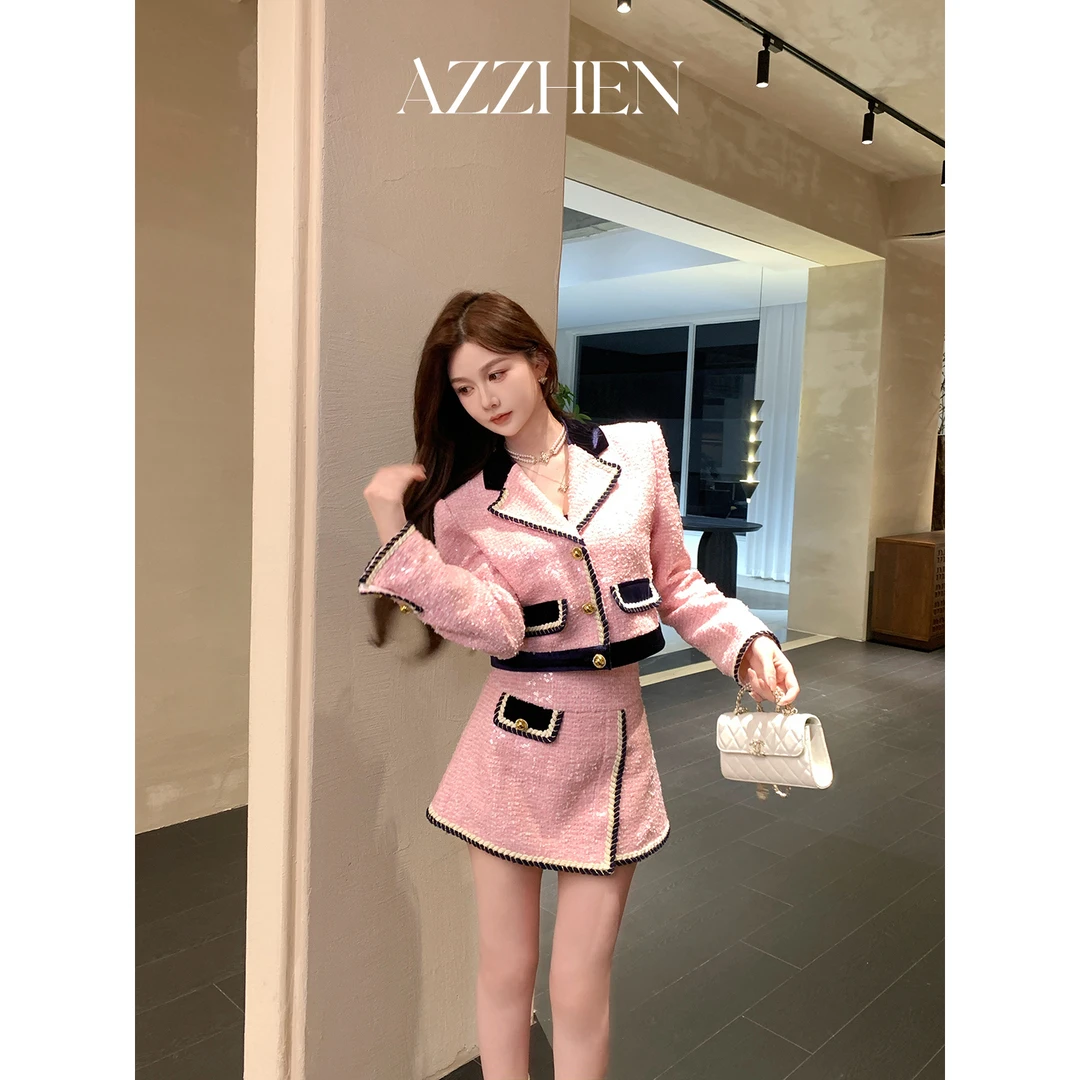 （七夕新款）AZZHEN【甜莓庄园】撞色珠片丝绒香风套装AZ5ESZ10-SW