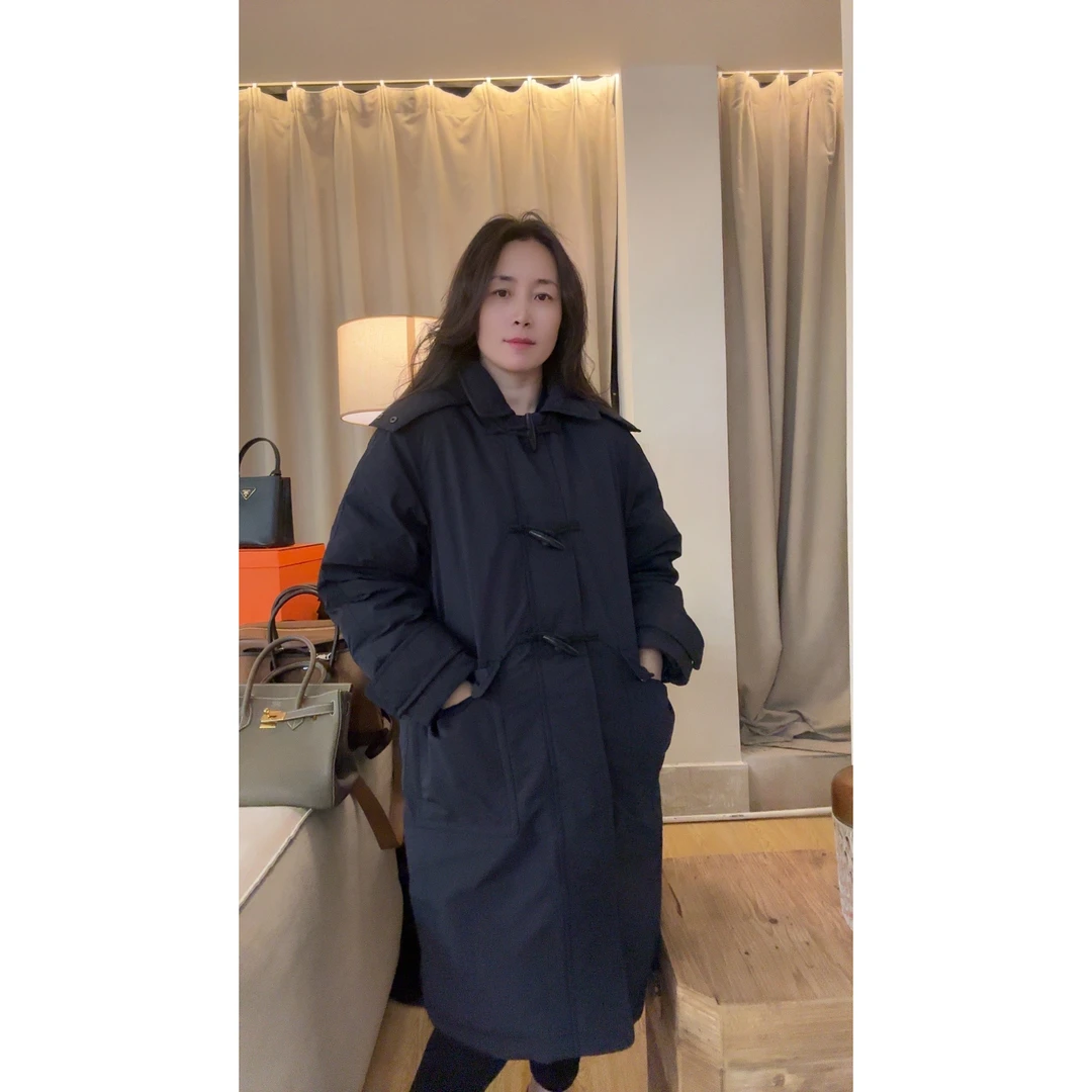 冬季新品复古牛角扣连帽长款风衣羽绒服MA4SYDZ1714