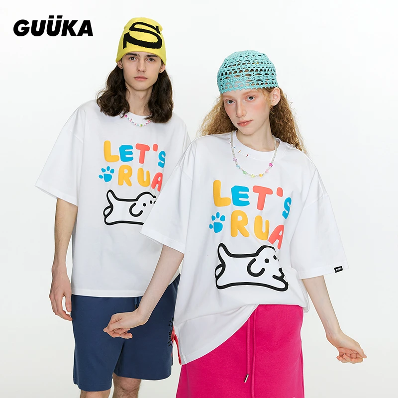 Guuka/古由卡&matsui联名小狗白色重磅短袖男生纯棉T恤字母F6530