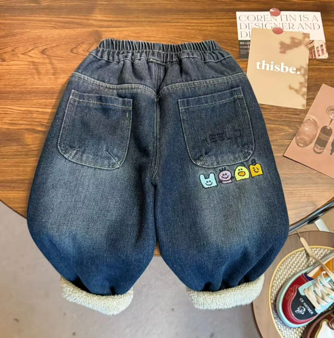 2025冬季男女童宽松加厚立体刺绣卡通保暖复合一体绒牛仔裤Q19