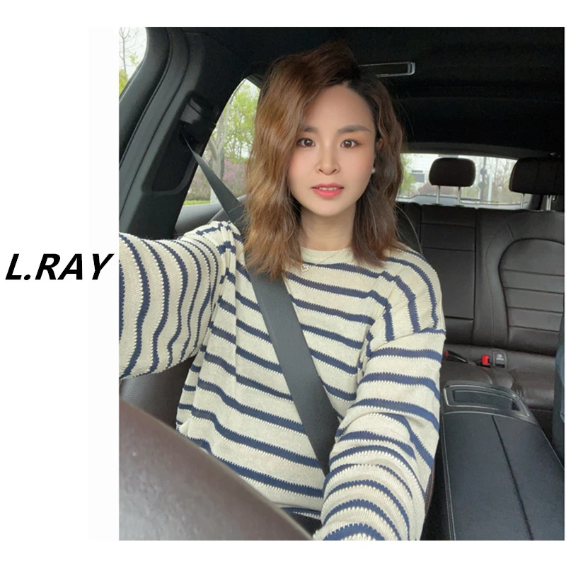 L.RAY-条纹控~春夏百搭休闲慵懒风圆领套头长袖针织衫
